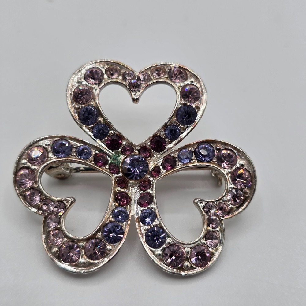 Vintage Liz Claiborne Silver Tone 3 Heart Multicolor Rhinestones Brooch Pin 1.5"